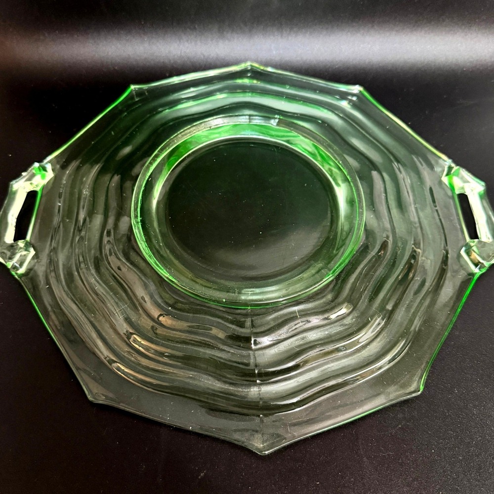 Jenkins Ocean Wave Uranium Glass Handled Cake Plate Platter #190 Depression - Picture 10 of 16